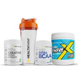 Healthfarm ThPreX 0.55lb with Creatine Monohydrate & Intra BCAA Combo,  0.22 lb  Rocket Candy, Unflavoured & Blue Raz (with Free Shaker) -12