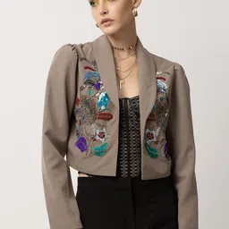 Diwaah Floral Embroidered Shawl Collar Studded Dry Fit Crop Open Front Jacket-0