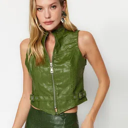 Trendyol Textured Self Design Mock Collar Sleeveless Crop Tailored Jacket-24