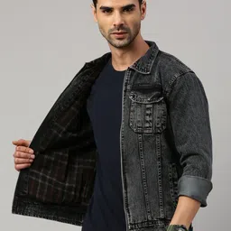 VOXATI Men Washed Checked Denim Jacket with Embroidered-image-42