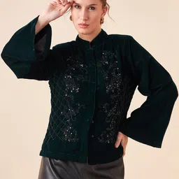 Antheaa Green Mandarin Collar Sequinned Velvet Tailored Jacket-image-78