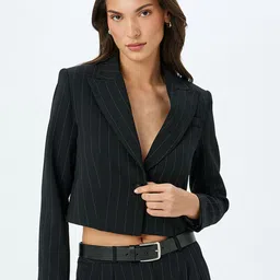 Koton Women Striped Longline Open Front Jacket with Embroidered-8