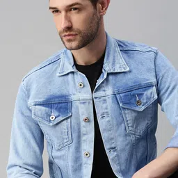 SHOWOFF Men Blue Washed Windcheater Denim Jacket with Embroidered-image-24