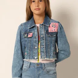 Vero Moda Girls Floral Embroidered Pure Cotton Crop Denim Jacket-image-73