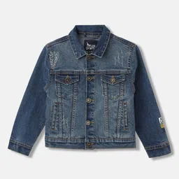 Blue Giraffe Boys Blue Washed Crop Denim Jacket with Embroidered-image-75