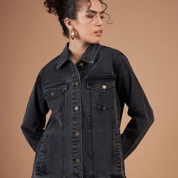 SASSAFRAS Black Spread Collar Washed Crop Denim Jacket-image-4
