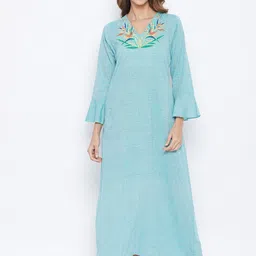 The Kaftan Company Sea Green Embroidered Pure Cotton Maxi Nightdress-image-35