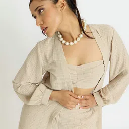 Alaya By Stage3 Checked Collarless Long Sleeves Georgette Longline Open Front Jacket image 2