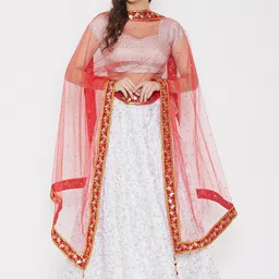 Clora Creation Red & Gold Ethnic Motifs Embroidered Dupatta with Sequinned image 4