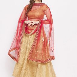 Clora Creation Red & Gold-Toned Ethnic Motifs Embroidered Dupatta with Beads and Stones image 3