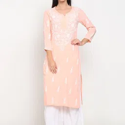 PARAMOUNT CHIKAN Women Peach-Coloured Ethnic Motifs Embroidered   Chikankari Kurta-17