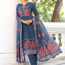 Anouk Blue Ethnic Motifs Printed V-Neck Mirror Work Kurta With Trousers And Dupatta-image-45