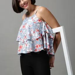 SHOWOFF Women Blue Floral Print Layered Chiffon Tiered Top-picture-21