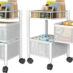Pack of 2 Revolving 2-Tier Multipurpose Storage Rack with Wheels | White Iron Kitchen Trolley-image-9