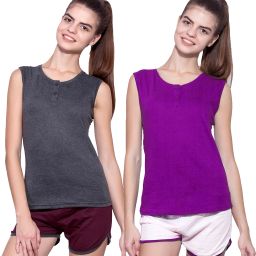 Pack of 2 Women Solid Henley Neck Pure Cotton Purple, Grey T-Shirt-image-90