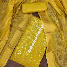KALINI Yellow Floral Embroidered Lace Sequinned Unstitched Dress Material-image-77