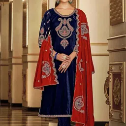 Clora Creation Embroidered Zari Ethnic Motifs Velvet Unstitched Dress Material-image-86