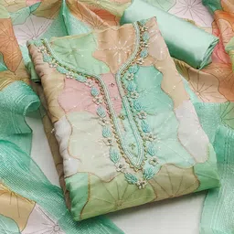 KALINI Floral Embroidered Beads And Stones Organza Unstitched Dress Material-image-98