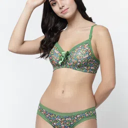 College Girl Women Green & Blue Floral Printed Cotton Lightly Padded Lingerie Set-image-2
