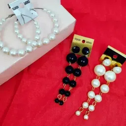 Combo of 3 Trendy White & Black Pearl for Girls & Women Pearl Alloy, Metal Hoop Earring-image-49