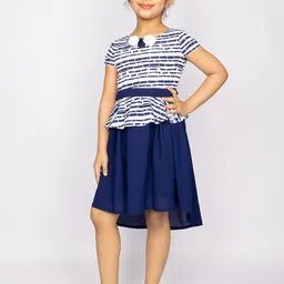 Peppermint Girls Navy Blue & White Striped Printed Pure Cotton Dress with Tie-up Details-picture-26