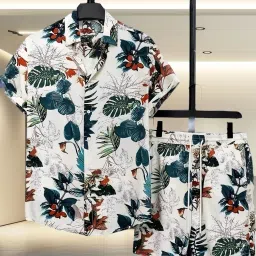 Men Night Suit Set Light Green Floral Print-image-36