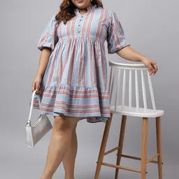 Janasya Plus Size Striped Mandarin collar Puff Sleeve Cotton A-Line Dress-image-54