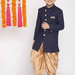 VASTRAMAY Boys Navy Blue & Gold-Coloured Solid Slim-Fit Jute Cotton Sherwani Set-25