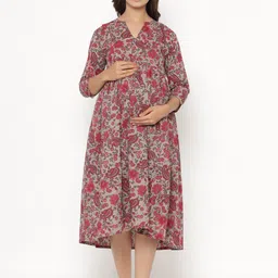 CRAFIQA Grey Floral Printed Maternity & Nursing Cotton A-Line Midi Dress-image-15