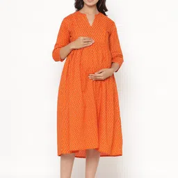 CRAFIQA Orange Printed Maternity & Nursing Cotton A-Line Midi Dress-image-41