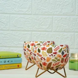Metal Desk Pot Leaf Print with stand Set Of 2 By Gold Dust-picture-4