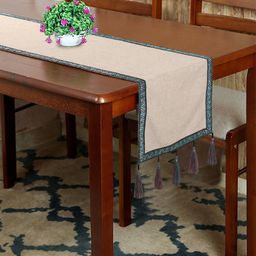 Mezposh Off-White & Blue Solid Pure Cotton Chambray 6-Seater Table Runner-34