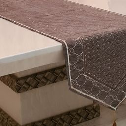 GROKI Brown Geometric Embroidery Pure Cotton Dining Table Runner with tassel-image-16