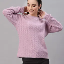 Mafadeny Women Mauve Solid Cable Knit Pullover-image-47