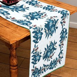 BELLA TRUE White & Teal Blue Flower Printed Cotton Table Runner-10