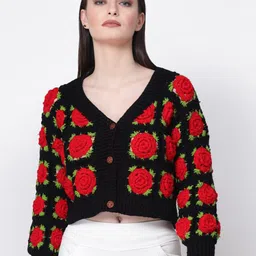 WINDROP SOLUTIONS Floral Self Design V-Neck Acrylic Crop Cardigan-picture-43