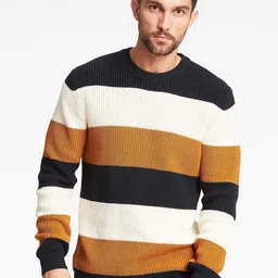 LINDBERGH Men Navy Blue & White Striped Colourblocked Organic Cotton Pullover-image-27