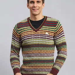 Monte Carlo V- Neck Striped Woollen Pullover-34