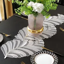 MONKDECOR Silver Toned Cutwork Leaf Shaped Table Runner-10