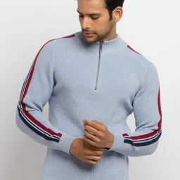 Status Quo Men Blue & Red Striped Mock Collar Sweater-picture-15