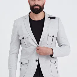 MR BUTTON Men Grey Solid Slim-Fit Single-Breasted Casual Blazers-12