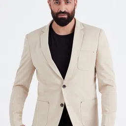 MR BUTTON Men Beige Solid Single-Breasted Slim-Fit Casual Blazer-image-12