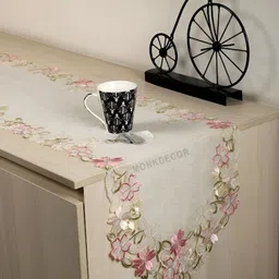 MONKDECOR White & Pink Floral Embroidered Table Runner-37