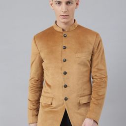 MR BUTTON Men Yellow Solid Velvet Bandhgala Blazers-picture-37