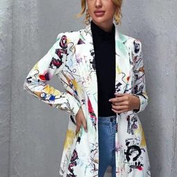 StyleCast White Printed Notched Lapel Single Breasted Blazer-picture-5