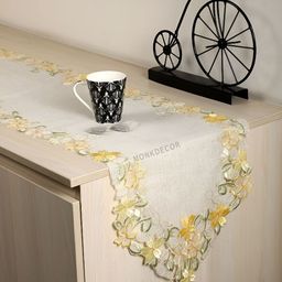MONKDECOR White & Yellow Embroidered Table Runner-14
