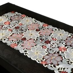 TANLOOMS Maroon & White Floral Embroidered Rectangle Table Runner-49