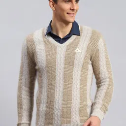 Monte Carlo V- Neck Striped Ribbed Woollen Pullover-image-25