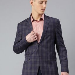MR BUTTON Men Purple Checked Single-Breasted Slim-Fit Casual Blazer-picture-3