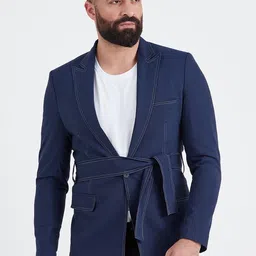 MR BUTTON Men Navy-Blue Solid Slim-Fit Single Breasted Blazer-29